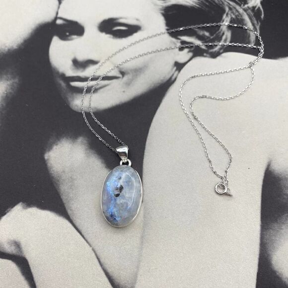 Natural Rainbow Moonstone And Quartz Sterling Silver Necklace - Picture 1 of 8